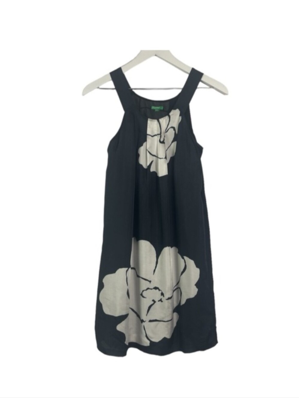 Benetton Sisley Hawaiian Print Dress, Black with Ivory Flowers, XS, Lined